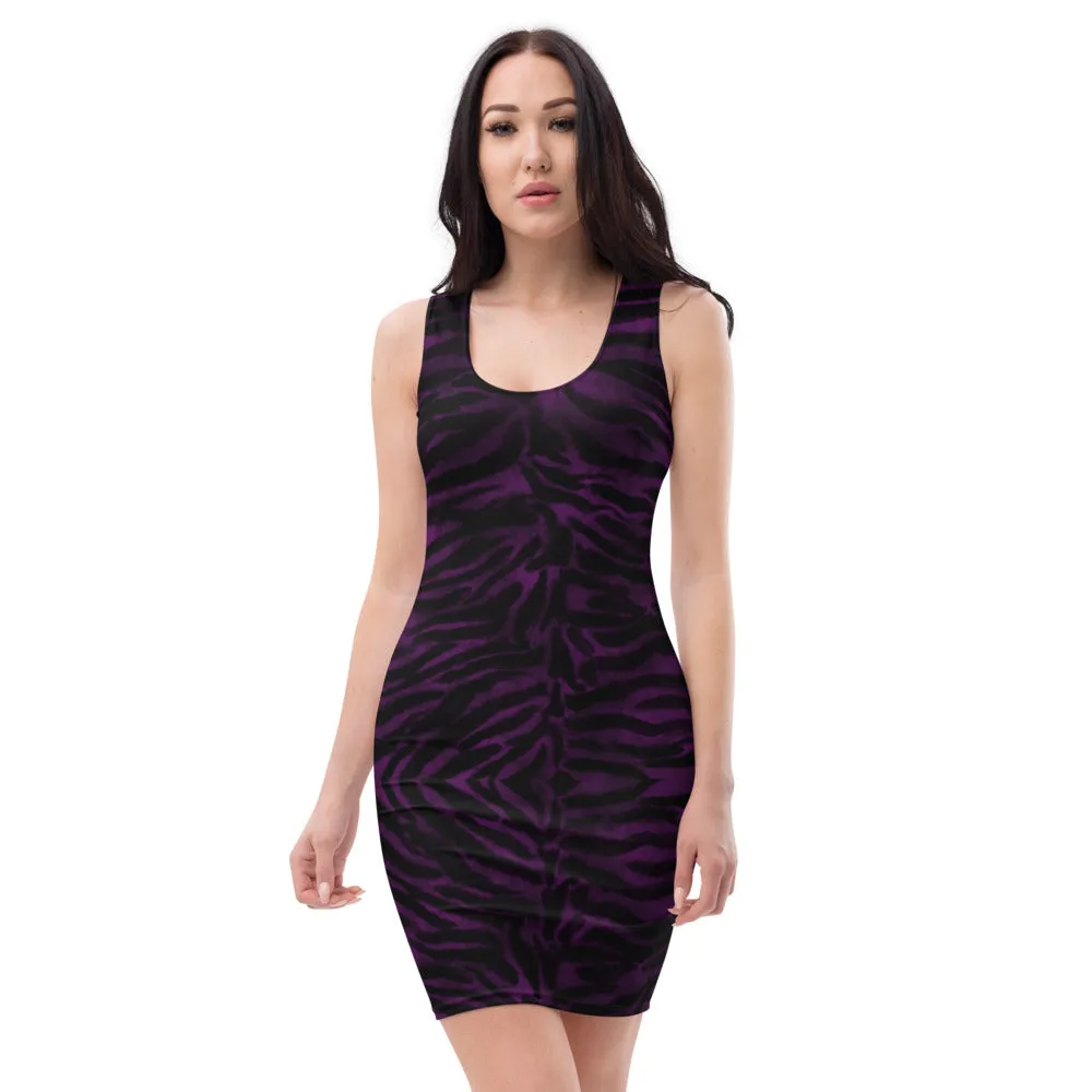 Purple Tiger Striped Ladies' Dress, Dark Purple Animal Print Designer Ladies' Sleeveless Dress-Made in USA/EU/MX