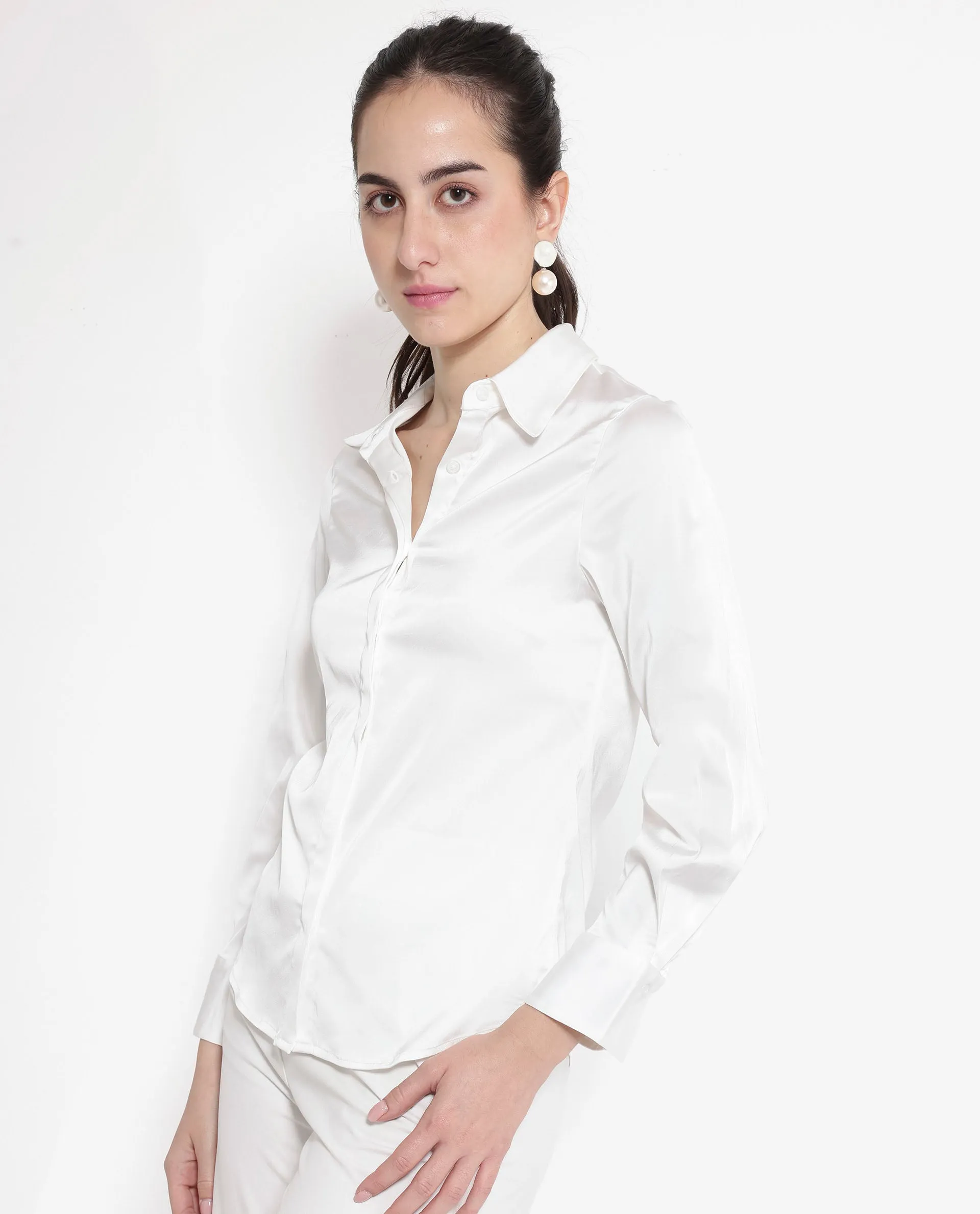 Rareism Women Haipe White Cuffed Sleeve Regular Collar Plain Shirt