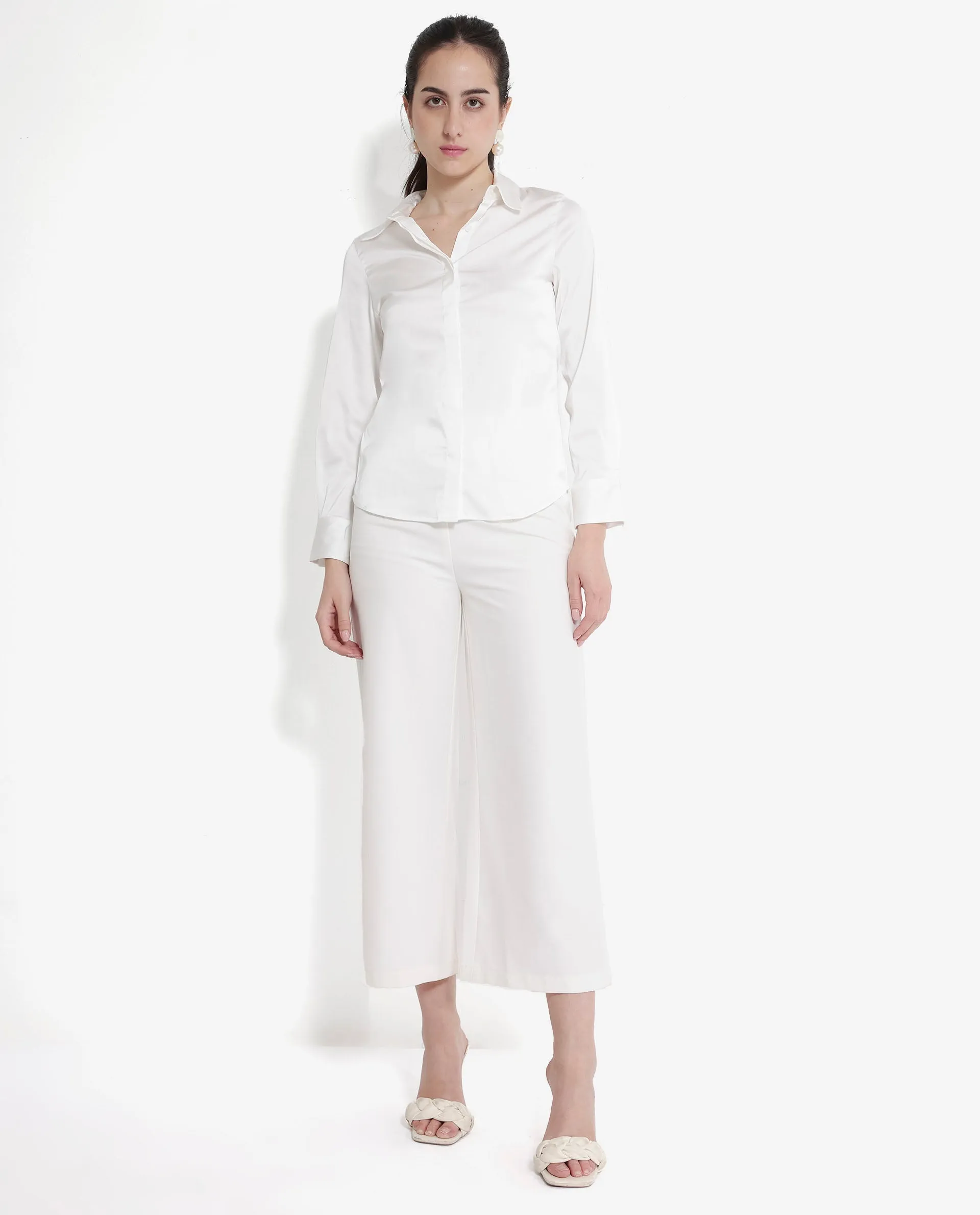 Rareism Women Haipe White Cuffed Sleeve Regular Collar Plain Shirt