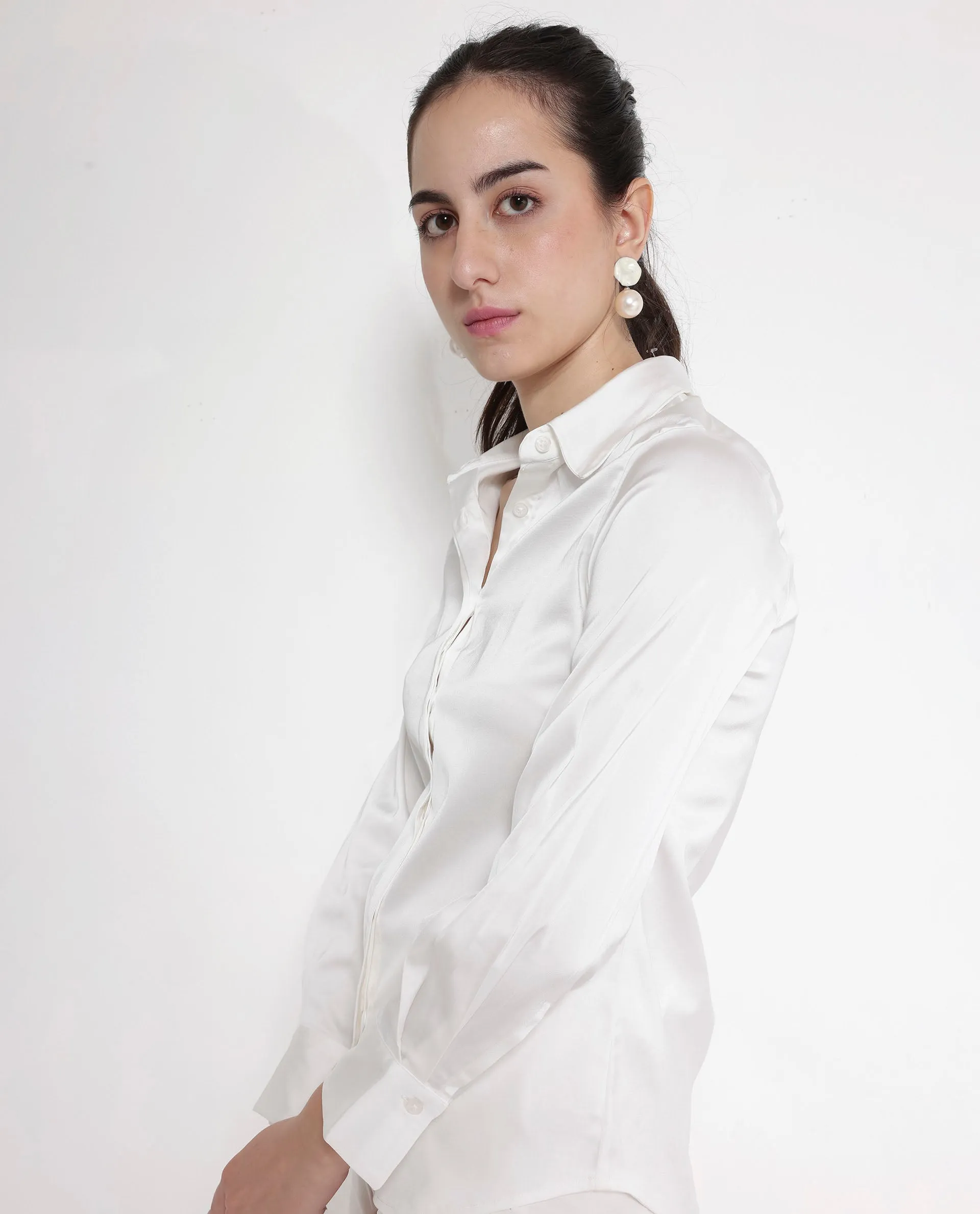 Rareism Women Haipe White Cuffed Sleeve Regular Collar Plain Shirt