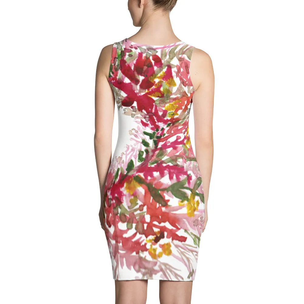 Red Plum Floral Print Dress, Autumn Flower Women's Long Sleeveless Dress - Made in USA/ Europe