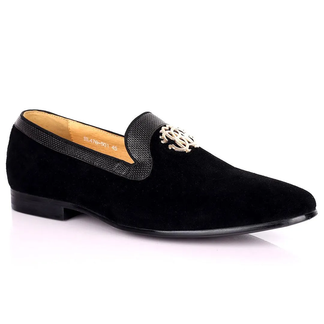 Robert Exquisite Gold Logo Designed Black Suede Shoe