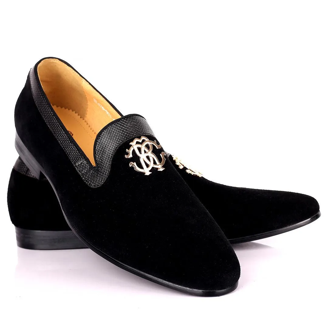 Robert Exquisite Gold Logo Designed Black Suede Shoe