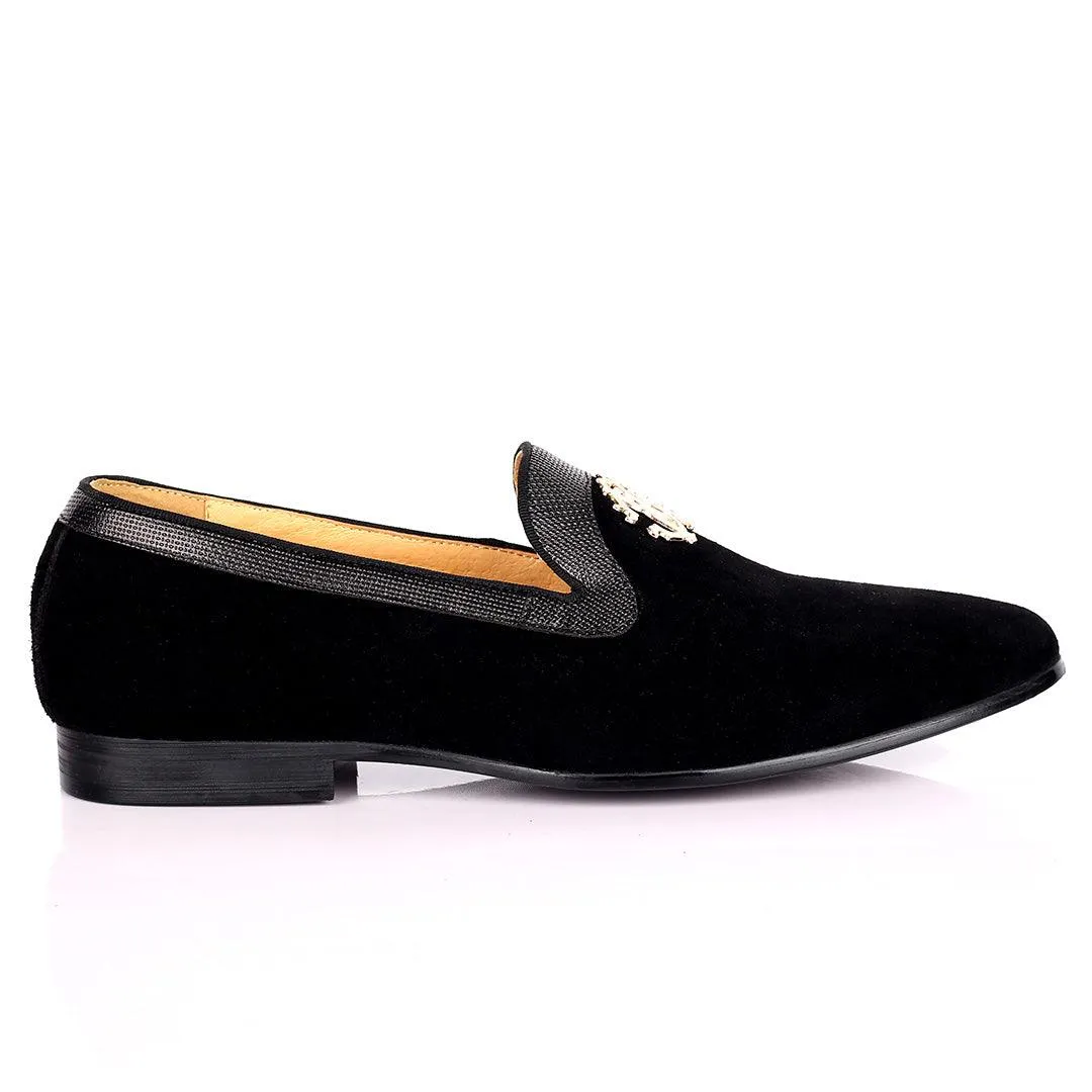 Robert Exquisite Gold Logo Designed Black Suede Shoe