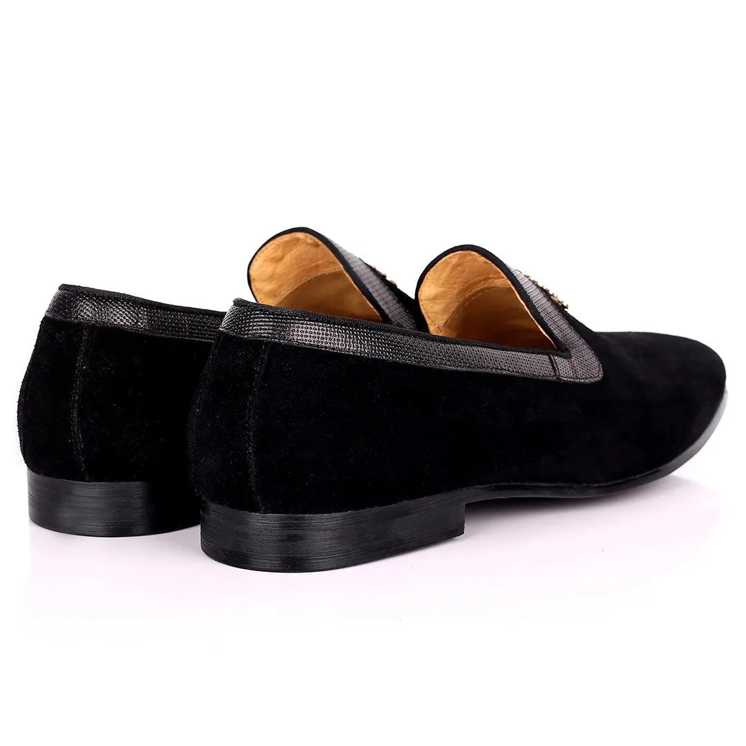 Robert Exquisite Gold Logo Designed Black Suede Shoe