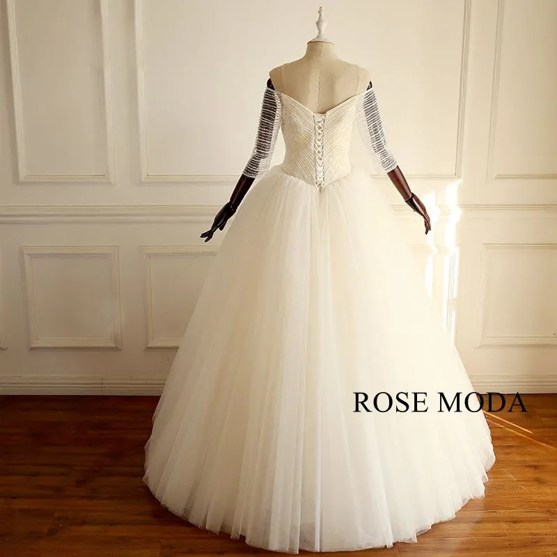 Rosemoda Off the Shoulder Beaded Ball Gown Wedding Dress With Three Quarter Sleeve