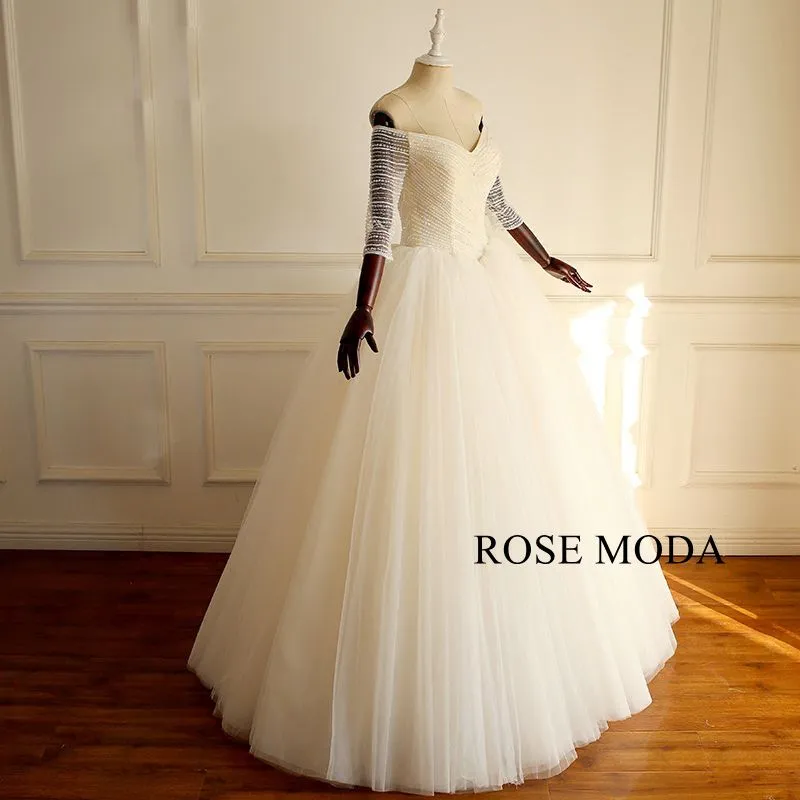 Rosemoda Off the Shoulder Beaded Ball Gown Wedding Dress With Three Quarter Sleeve