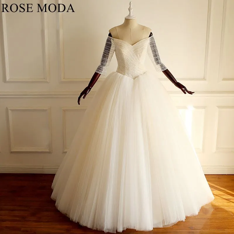 Rosemoda Off the Shoulder Beaded Ball Gown Wedding Dress With Three Quarter Sleeve