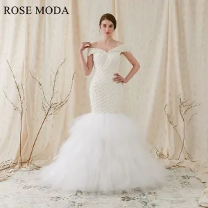 Rosemoda off-the-shoulder Lace Fit and Flare Mermaid Wedding Dress with Tired Skirt