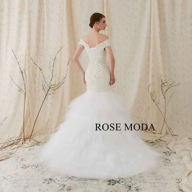 Rosemoda off-the-shoulder Lace Fit and Flare Mermaid Wedding Dress with Tired Skirt