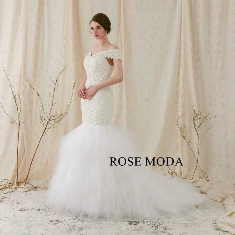 Rosemoda off-the-shoulder Lace Fit and Flare Mermaid Wedding Dress with Tired Skirt