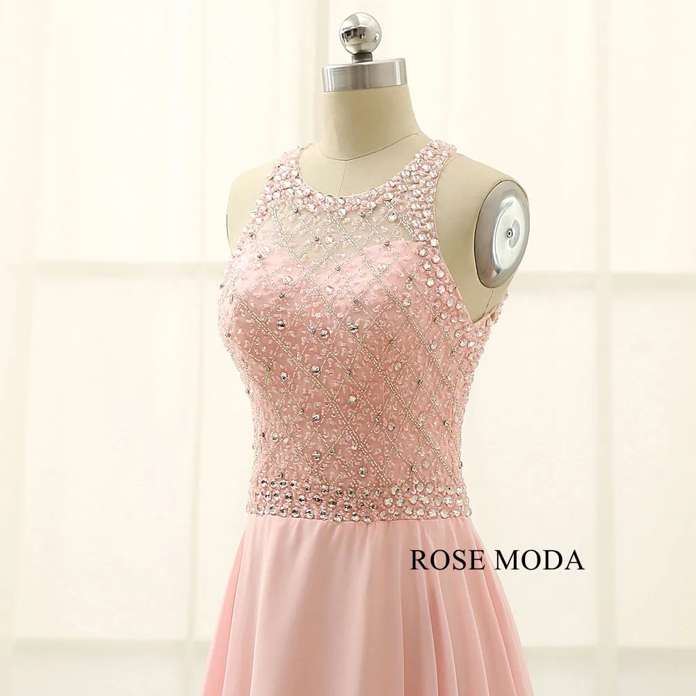 Rosemoda Pink Beaded A Line Chiffon Long Prom Dress