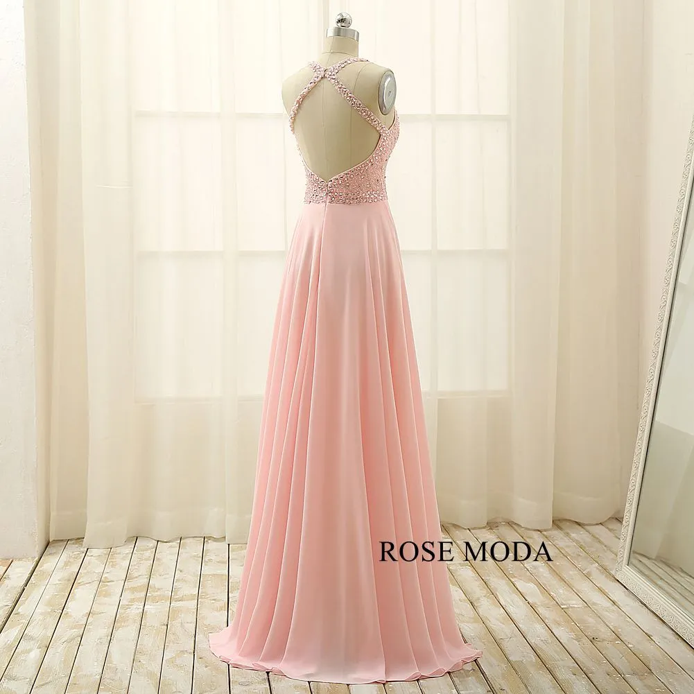 Rosemoda Pink Beaded A Line Chiffon Long Prom Dress