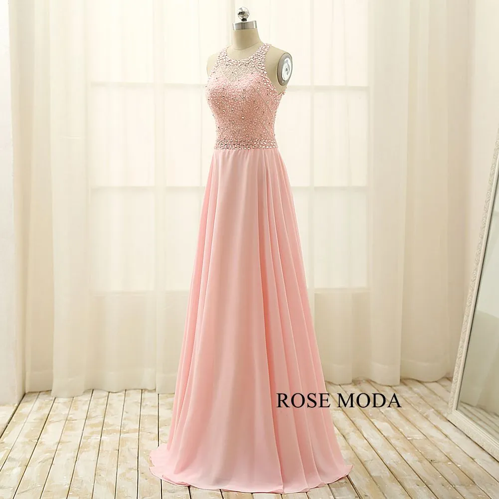 Rosemoda Pink Beaded A Line Chiffon Long Prom Dress