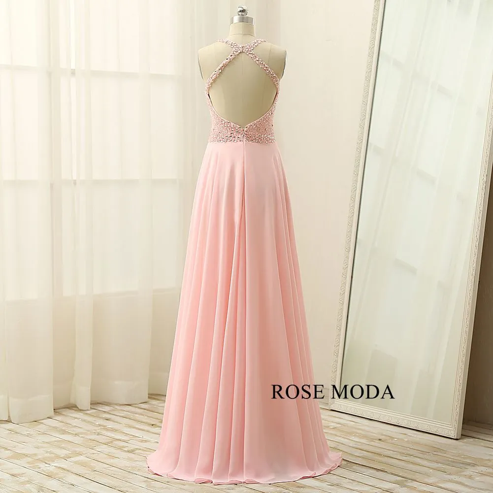 Rosemoda Pink Beaded A Line Chiffon Long Prom Dress