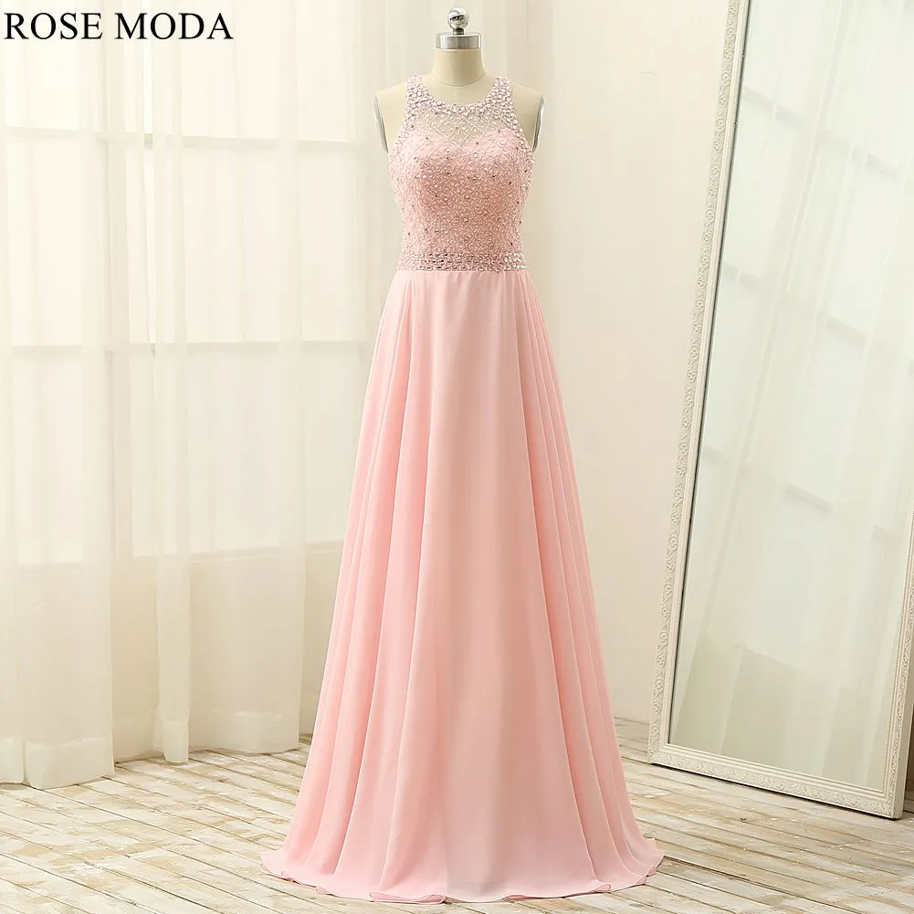 Rosemoda Pink Beaded A Line Chiffon Long Prom Dress