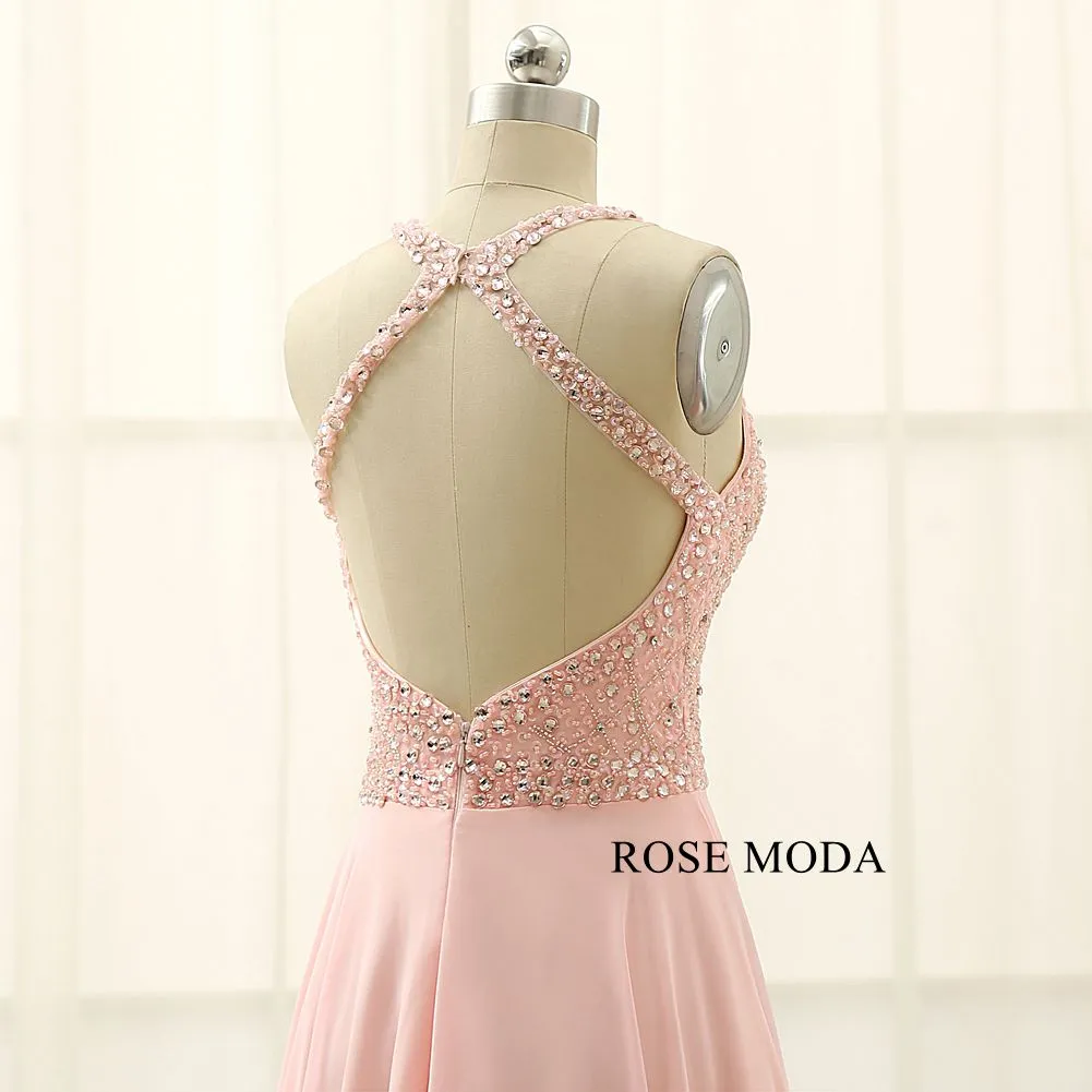 Rosemoda Pink Beaded A Line Chiffon Long Prom Dress