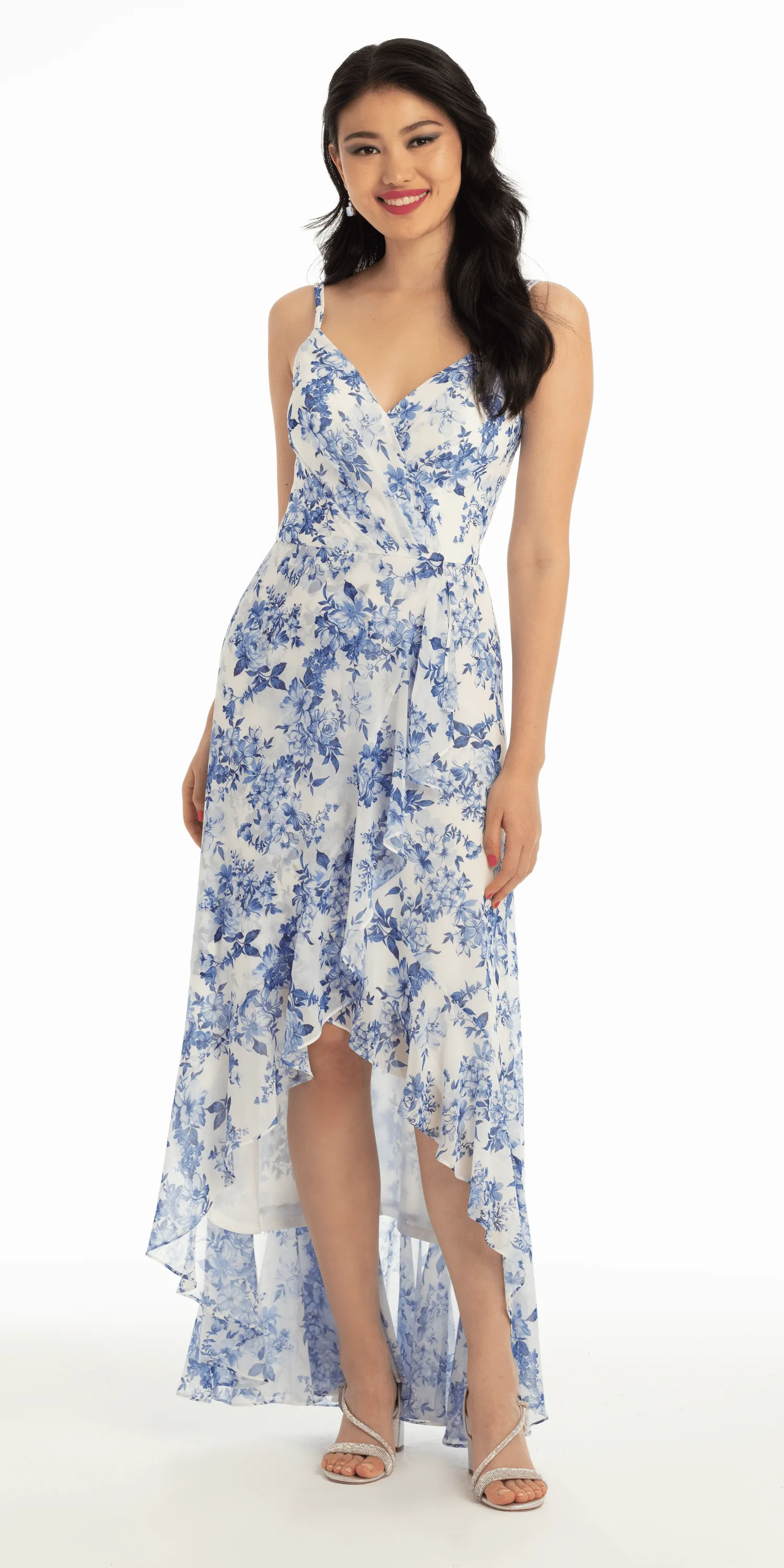 Ruffle High-Low Chiffon Floral Print Dress