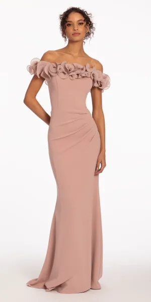 Ruffle Off the Shoulder Overlay Column Dress