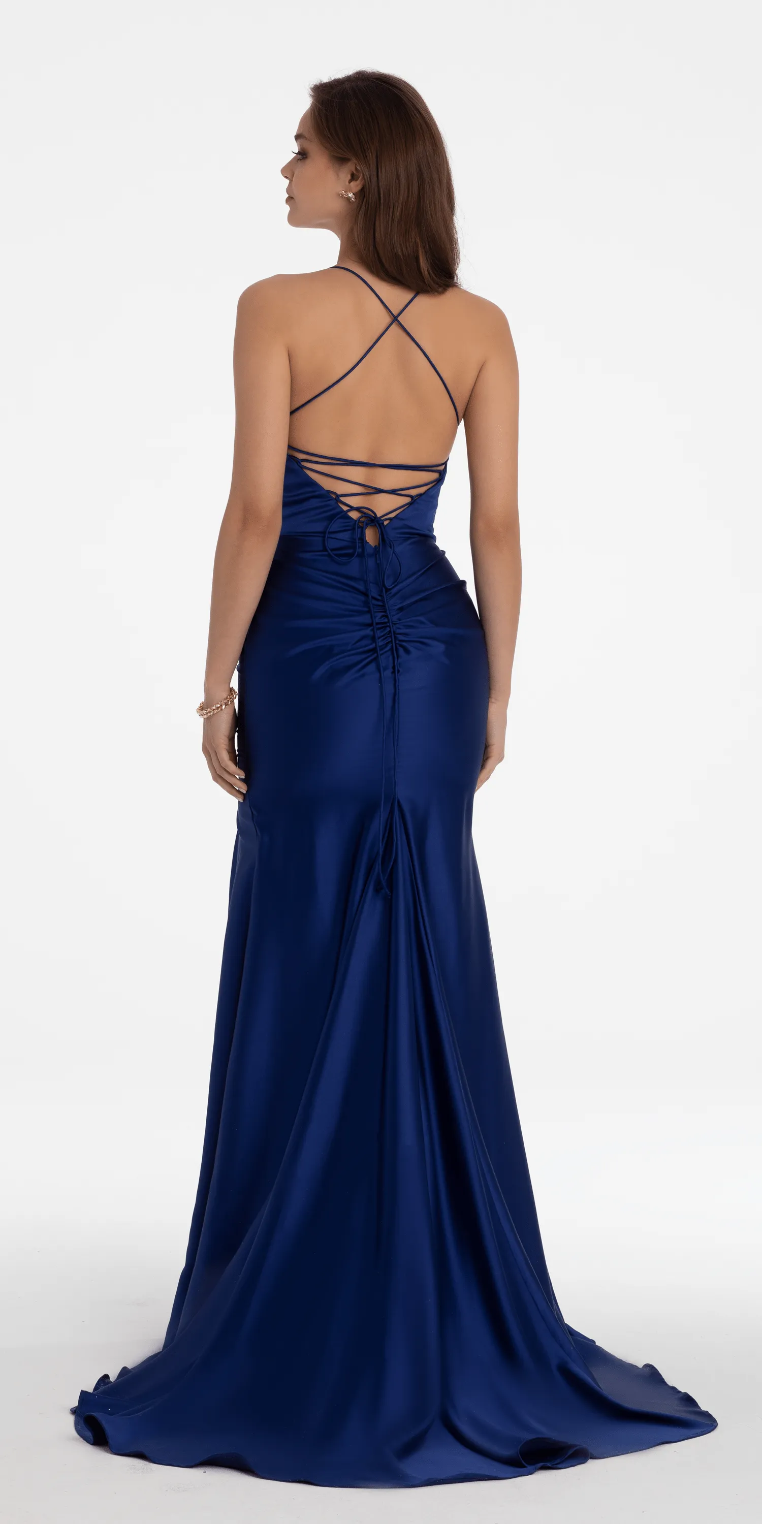 Satin Pleated Lace Up Back Trumpet Dress with Shawl