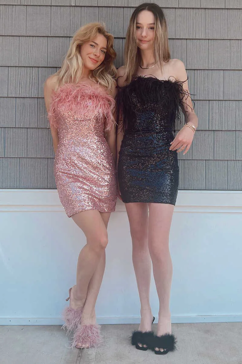 Sequin Strapless Feather Bodycon Homecoming Dresses Midi Cocktail Dress