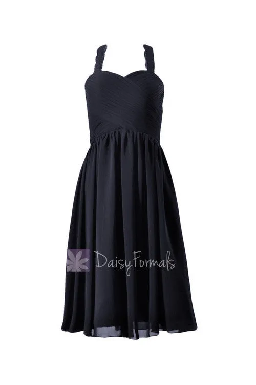 Short Midnight Chiffon Bridal Party Dress Dark Navy Chiffon Dress W/Lace Straps (BM2399)