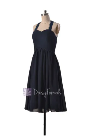 Short Midnight Chiffon Bridal Party Dress Dark Navy Chiffon Dress W/Lace Straps (BM2399)