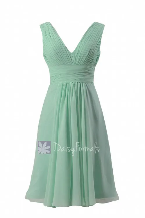 Short Mint Bridesmaid Dress W/ Deep V-Neck Chiffon Wedding Party Dress (BM1422A)