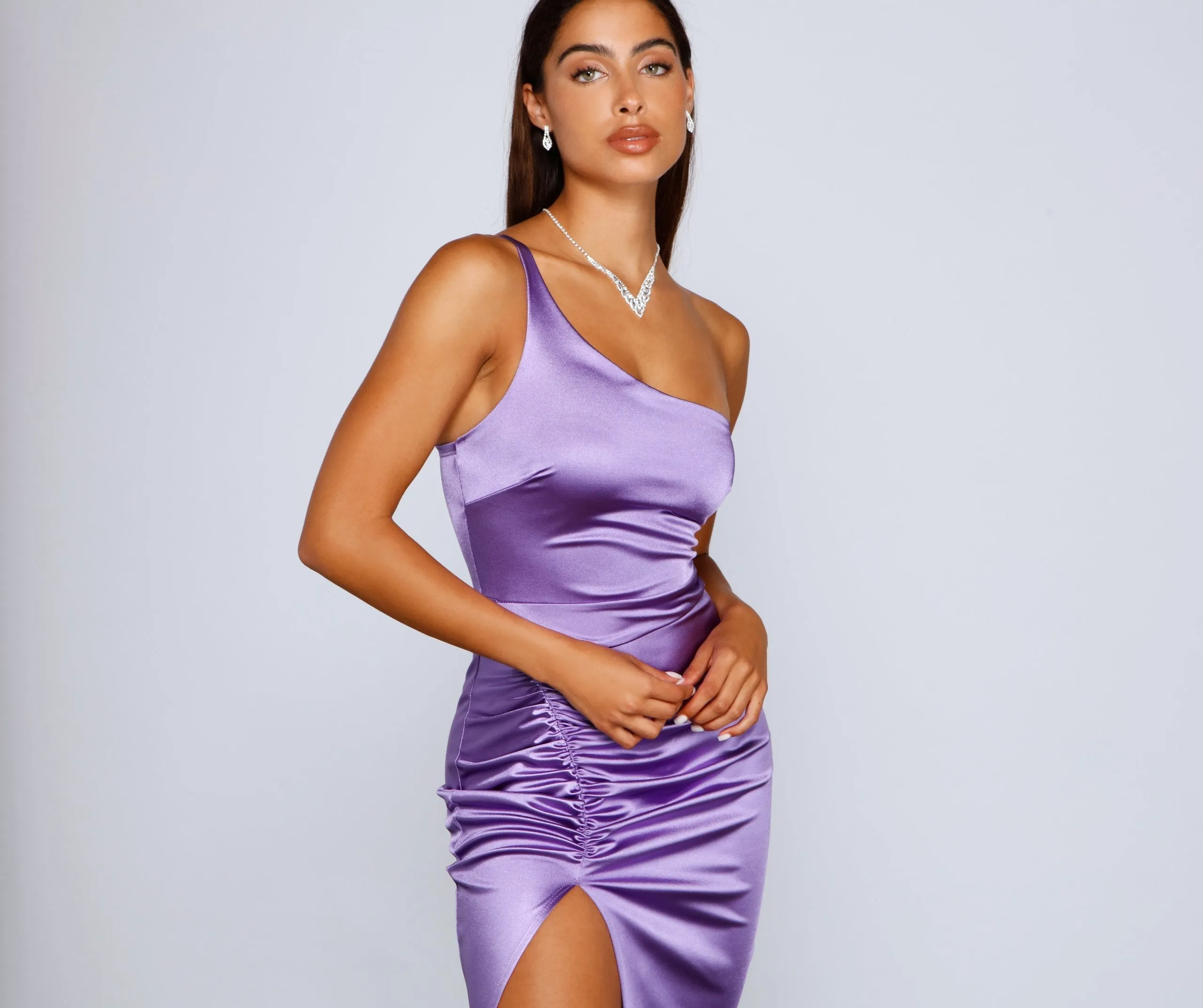 Show Up Satin One Shoulder Midi Dress