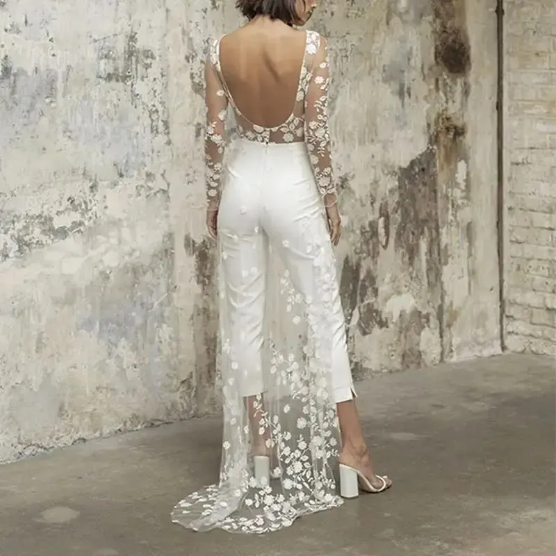 Simple Floral Lace Backless Wedding Dress Jumpsuit