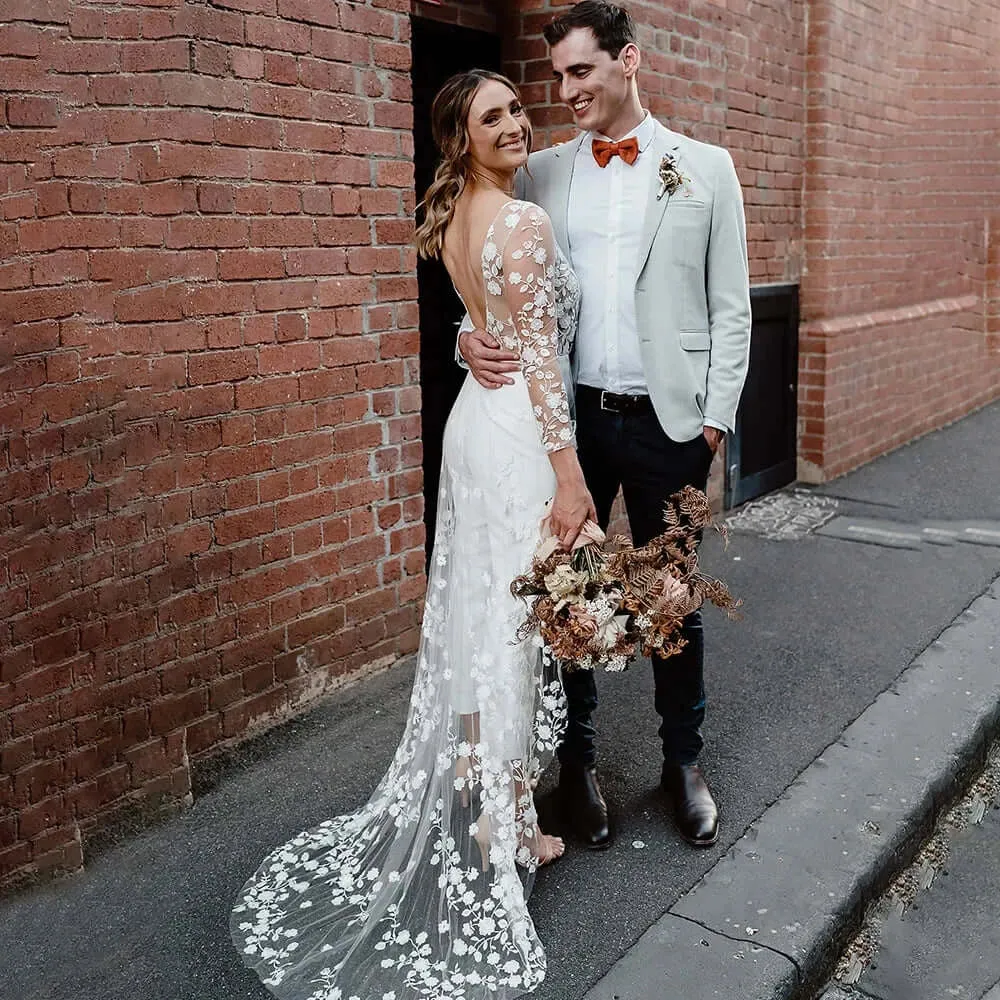 Simple Floral Lace Backless Wedding Dress Jumpsuit