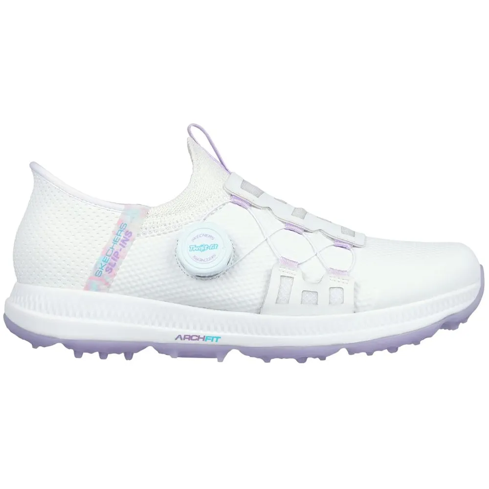 Skechers Ladies Go Golf Elite 5 Slip-In Twist Fit Waterproof Spikeless Shoes - White/Lavender