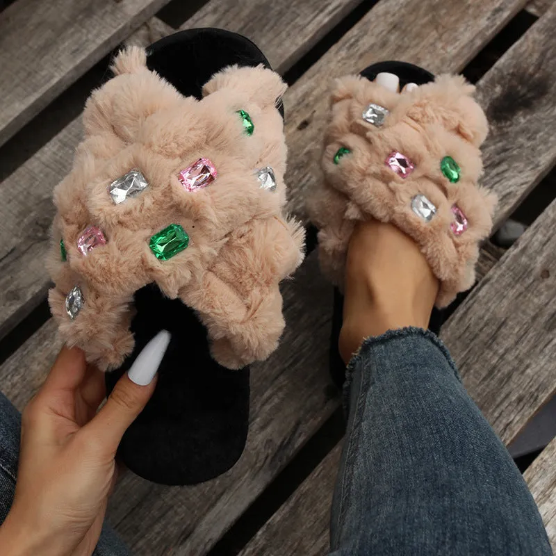 Slippers Large Size Flat Bottom Cross Gem Home Women