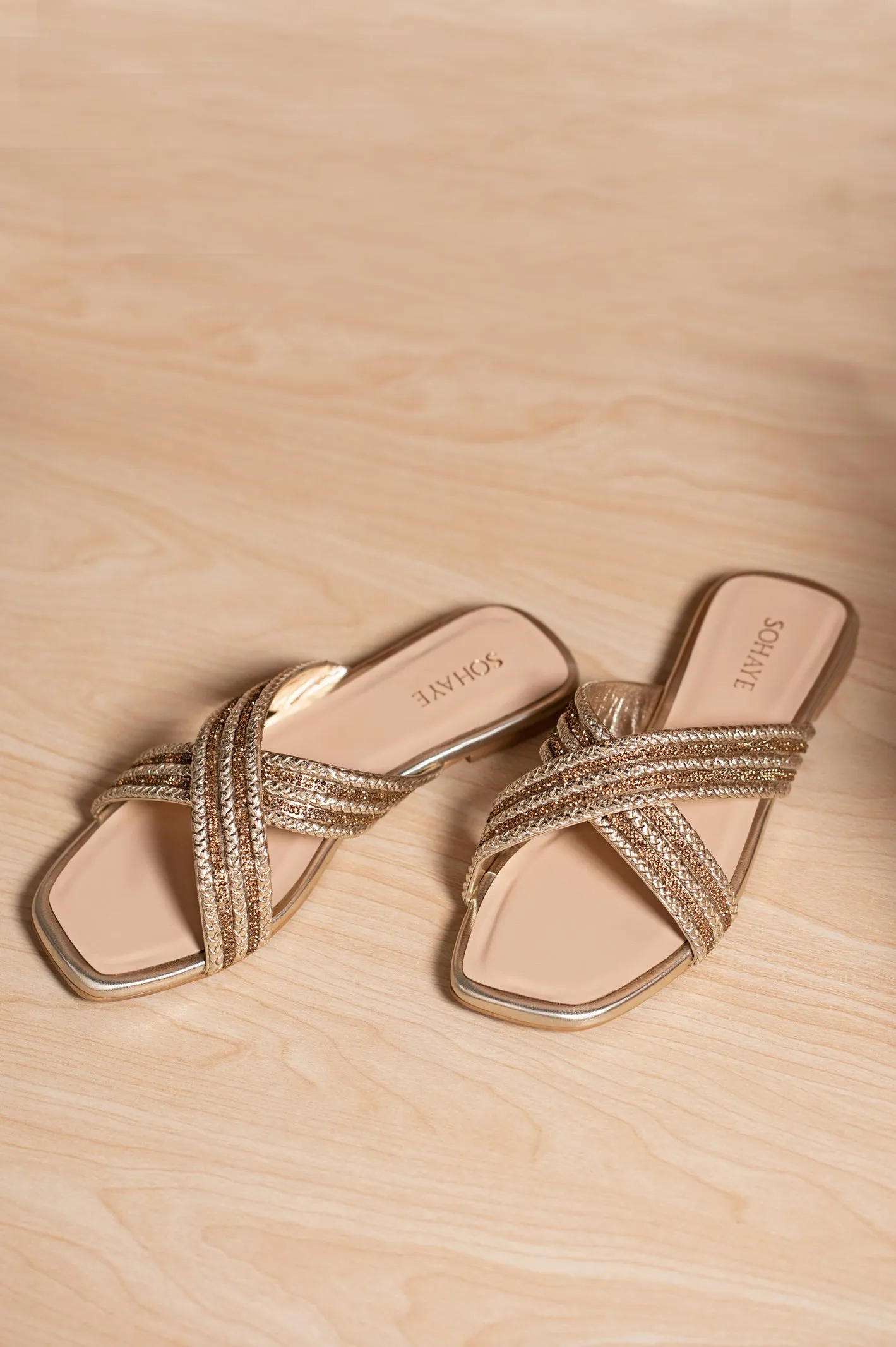 Sohaye Shimmery Gold Slides Slippers for Women's SKU: FWSL013-GOLDEN