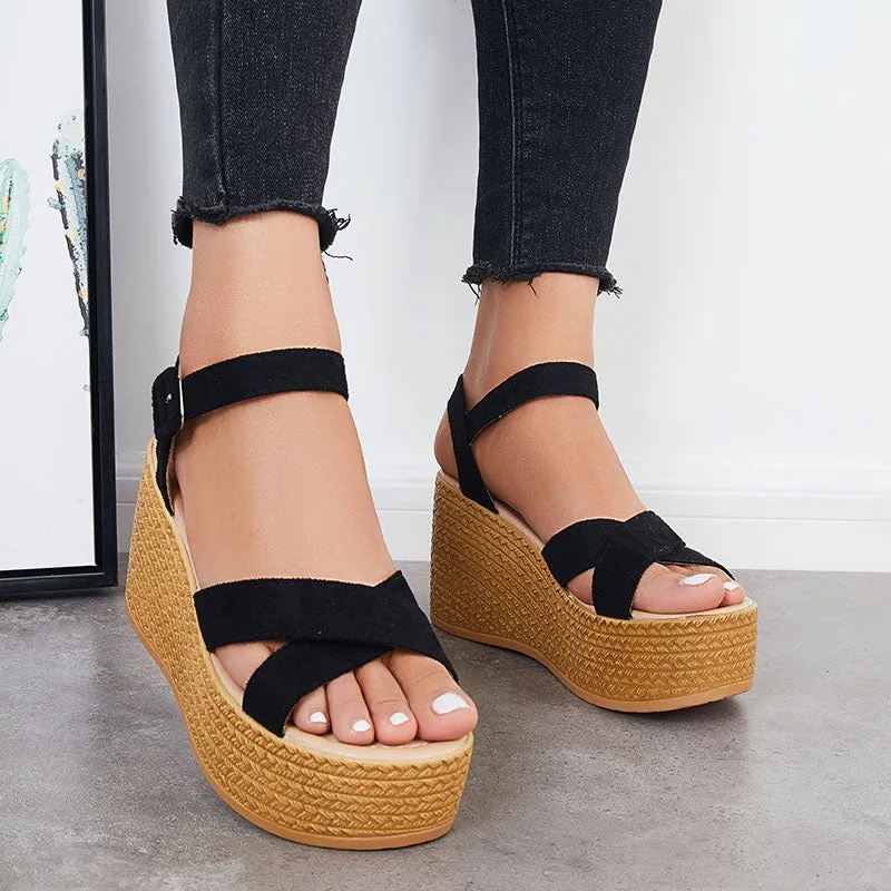 Sohiwoo  Criss Cross Platform Wedge Heel Sandals Open Toe Ankle Strap Shoes