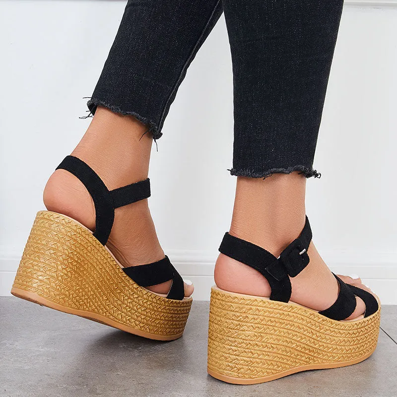 Sohiwoo  Criss Cross Platform Wedge Heel Sandals Open Toe Ankle Strap Shoes