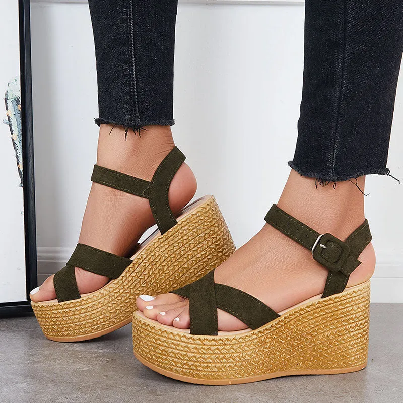 Sohiwoo  Criss Cross Platform Wedge Heel Sandals Open Toe Ankle Strap Shoes