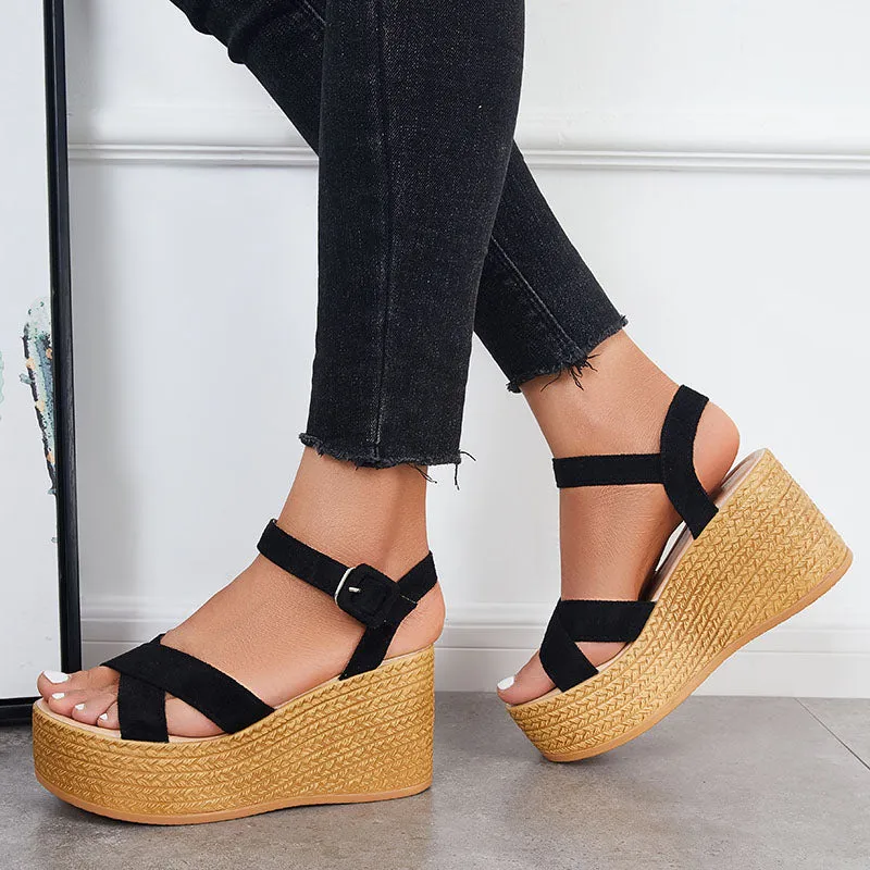 Sohiwoo  Criss Cross Platform Wedge Heel Sandals Open Toe Ankle Strap Shoes