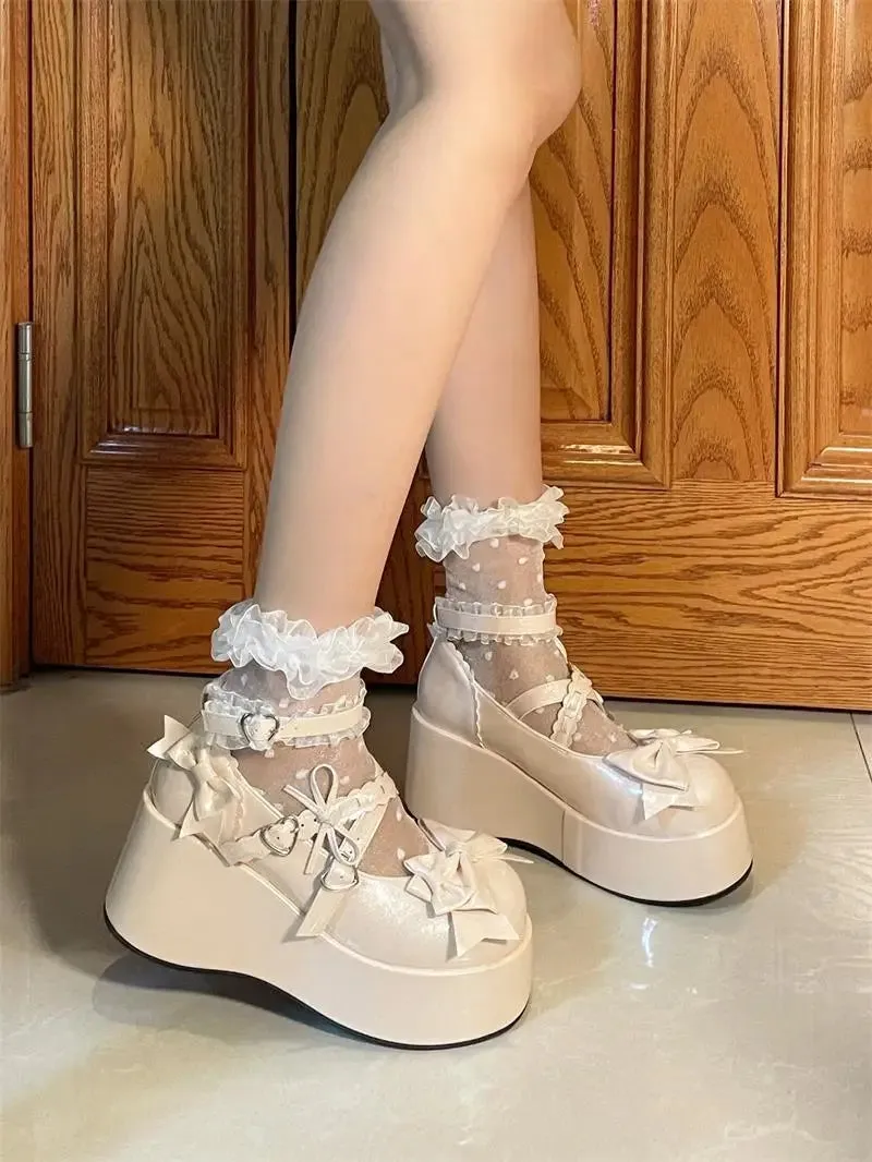 Sohiwoo Lolita Sweet Cute Women's Round Toe High Heels Fashion All-Match Solid Color Cross Lace-up Bow Buckle High Heels Mary Jane Shoes