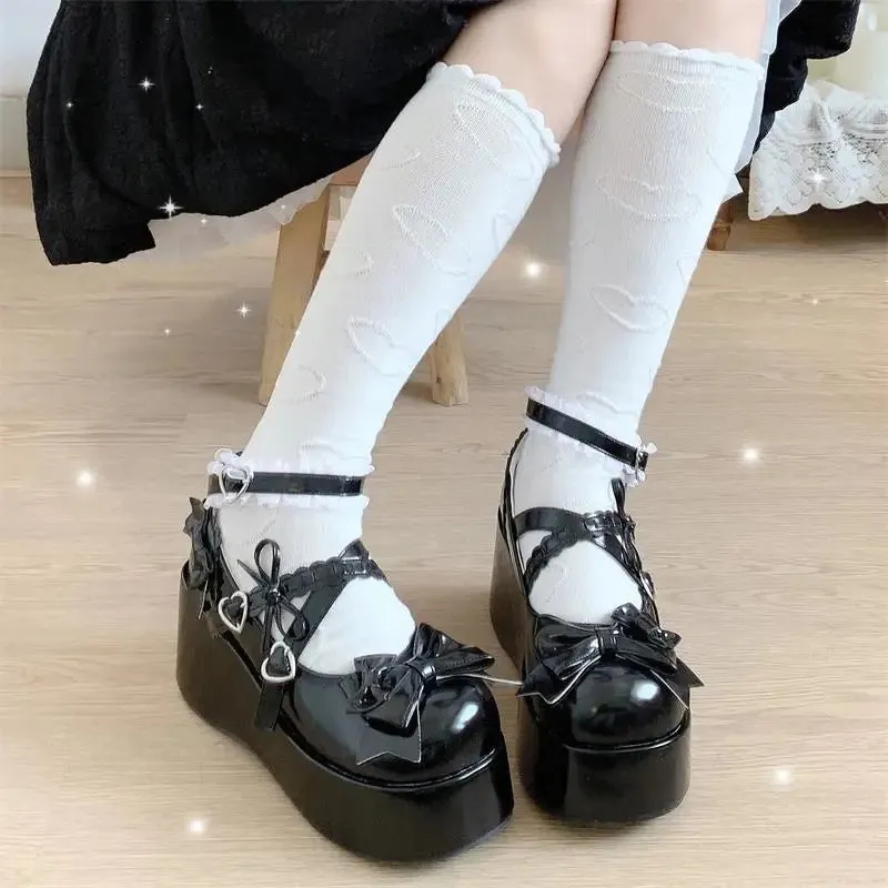 Sohiwoo Lolita Sweet Cute Women's Round Toe High Heels Fashion All-Match Solid Color Cross Lace-up Bow Buckle High Heels Mary Jane Shoes