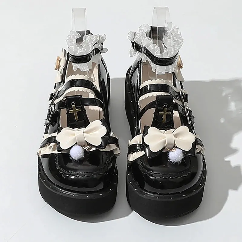 Sohiwoo Lovely Girls Lolita Gothic Shoes Monk Straps High Heels Cute Bowknots Cross Lace Flat Platform Mary Jane Shoes