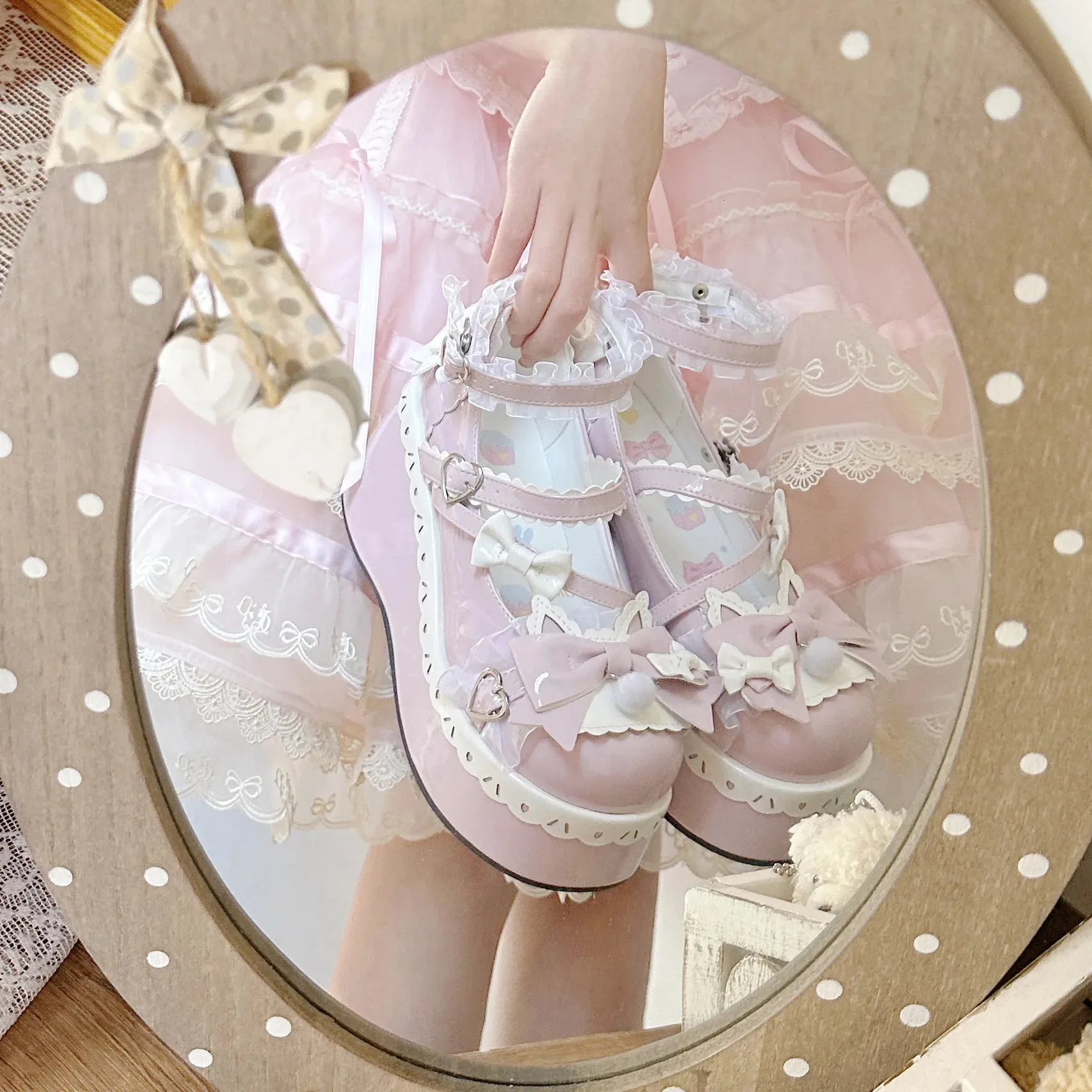 Sohiwoo Sweet Cute Lolita Women's Round Toe High Heels Spring and Autumn Japanese Style Solid Color Cross Strap Bow Buckle High Heels