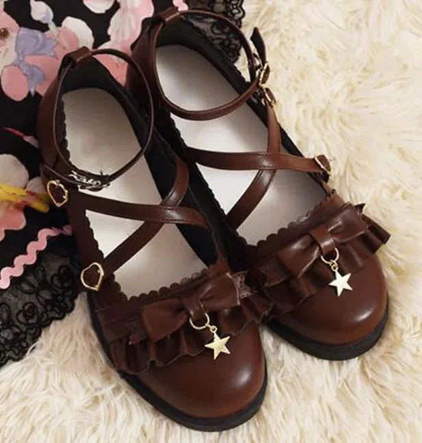 Sohiwoo Vintage lace bowknot cross strap buckle kawaii shoes cosplay princess loli women shoes 3 orders japanese sweet lolita shoes