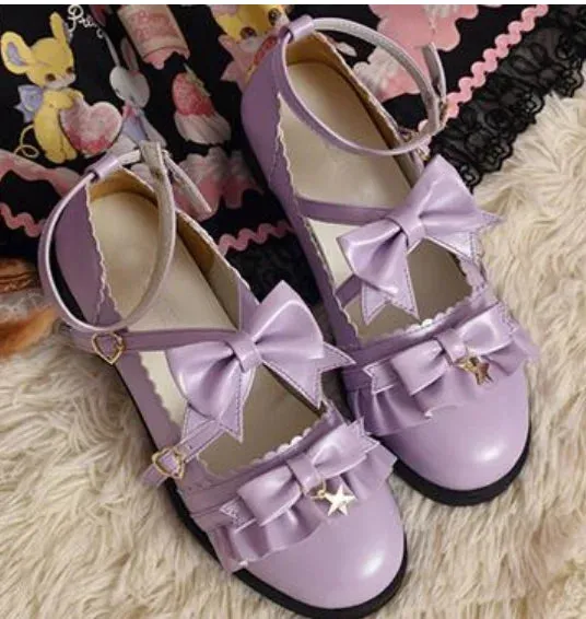 Sohiwoo Vintage lace bowknot cross strap buckle kawaii shoes cosplay princess loli women shoes 3 orders japanese sweet lolita shoes