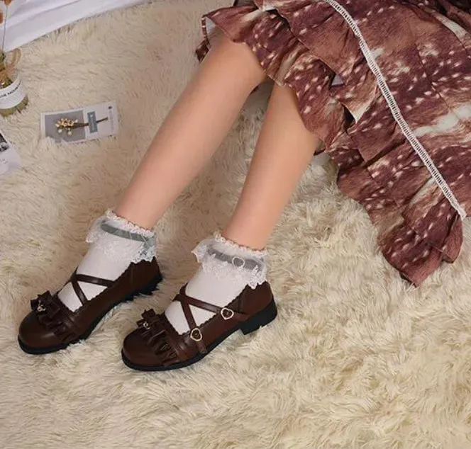 Sohiwoo Vintage lace bowknot cross strap buckle kawaii shoes cosplay princess loli women shoes 3 orders japanese sweet lolita shoes