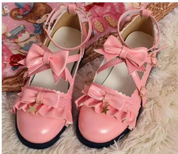 Sohiwoo Vintage lace bowknot cross strap buckle kawaii shoes cosplay princess loli women shoes 3 orders japanese sweet lolita shoes