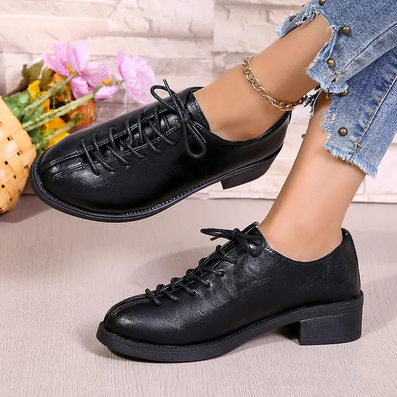 Sohiwoo Women's Vintage Oxford Shoes Classic Pointed Toe Cross Lace Up Shoes Woman Low Heels Pu Leather Dress Shoes Female