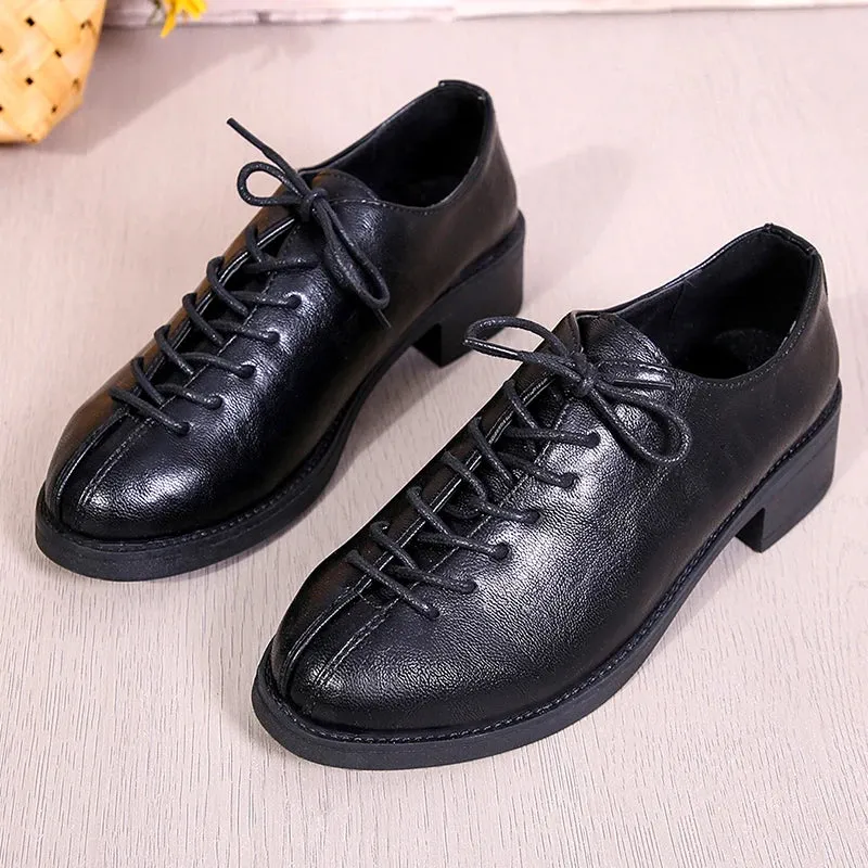 Sohiwoo Women's Vintage Oxford Shoes Classic Pointed Toe Cross Lace Up Shoes Woman Low Heels Pu Leather Dress Shoes Female