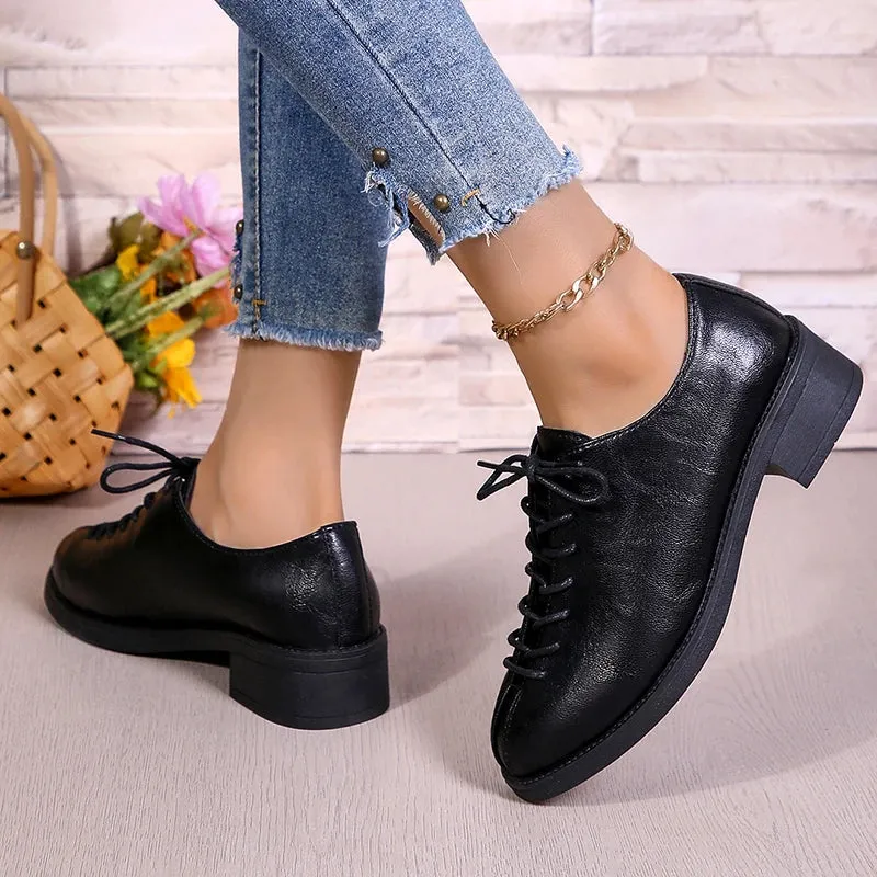 Sohiwoo Women's Vintage Oxford Shoes Classic Pointed Toe Cross Lace Up Shoes Woman Low Heels Pu Leather Dress Shoes Female