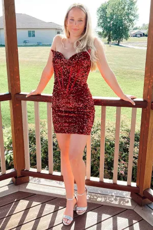 Sparkly Short V Neck Red Sequin Cocktail Party Dress